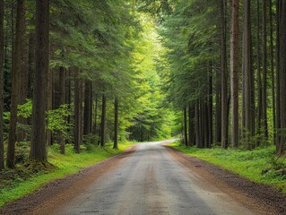 Fototapeta premium photo of forest road with tall trees, high resolution