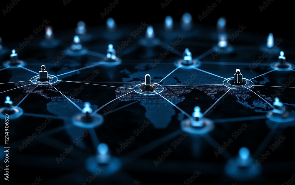 Poster 3d rendering of digital graphic user icons connected by lines on a dotted world map globe, represent