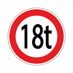 Red and white warning road sign indicating a weight limit of eighteen tons