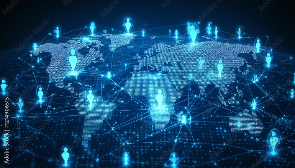 Poster 3d rendering of digital graphic user icons connected by lines on a dotted world map globe, represent