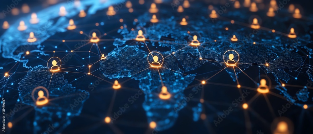 Poster 3d rendering of digital graphic user icons connected by lines on a dotted world map globe, represent