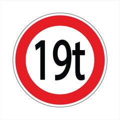 Regulatory road sign indicating a weight limit of 19 tons for vehicles
