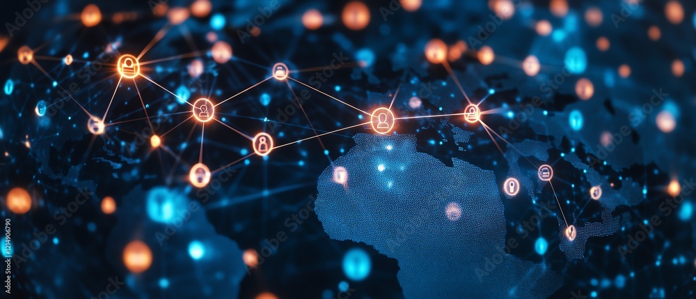 Poster 3d rendering of digital user icons linked by lines across a dotted world map globe, representing glo