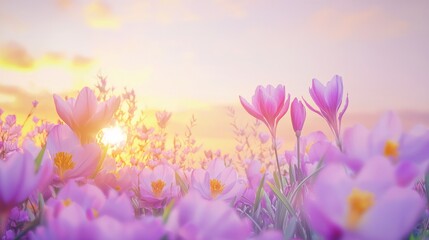 Naklejka premium Golden Fields of Saffron: Cinematic Landscape of Rolling Countryside Bathed in Warm Sunlight and Clear Skies