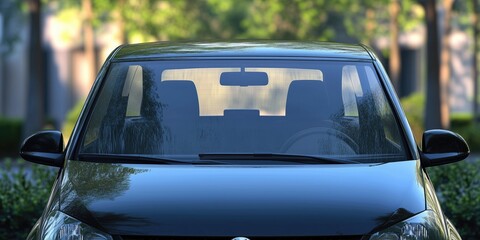 Front windshield of a black car clean and clear close up outdoors, offering a broad canvas for mockup