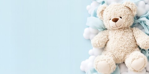 Adorable Beige Teddy Bear on Blue Background with Clouds Baby Shower Nursery Decor