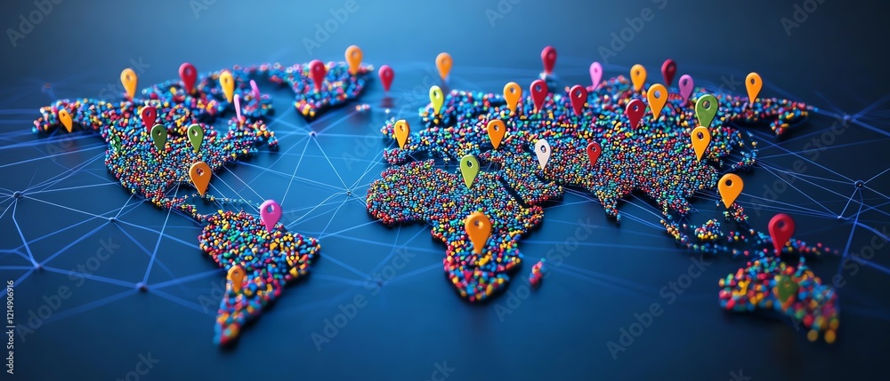 Poster 3d rendering of digital user icons linked by lines across a dotted world map globe, representing glo