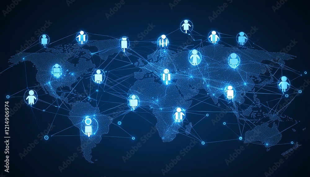 Poster 3d rendering of personal data and people connection with digital user icons linked by lines on a dot