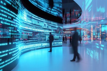 Futuristic Trading Floor, Digital Analytics Display, Market Data Overlays, High-Tech Environment, Dynamic Business Hub