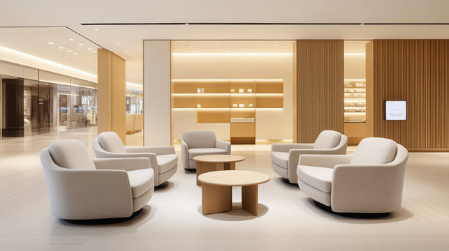 quiet seating nook in modern mall featuring contemporary armchairs and round wooden table, creating serene atmosphere for relaxation and socializing