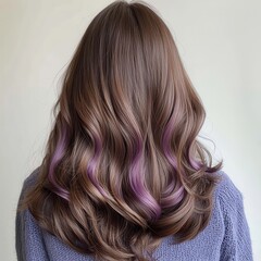 Naklejka premium A stylish view of long, wavy hair featuring brown tones with vibrant purple highlights, showcasing a trendy and modern look.
