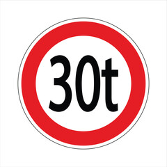 Red and white circular road sign showing a 30 tons weight limit for heavy vehicles