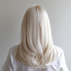 Fototapeta premium A woman with long, wavy blonde hair is seen from the back, showcasing a stylish and elegant hairstyle against a neutral background.