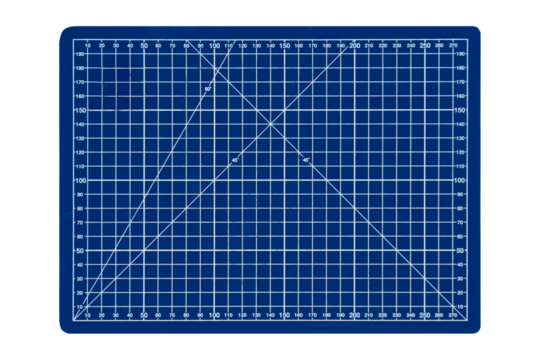 A small blue cutting mat with a white grid is isolated. Top view.