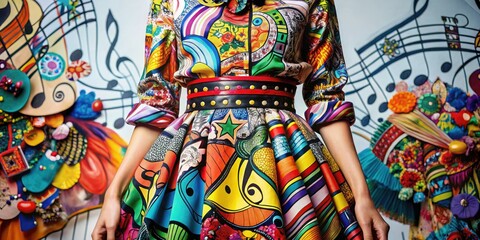 Fototapeta premium Whimsical fashion sketches infused with music notes create a unique, hand-drawn collection of clothing designs.