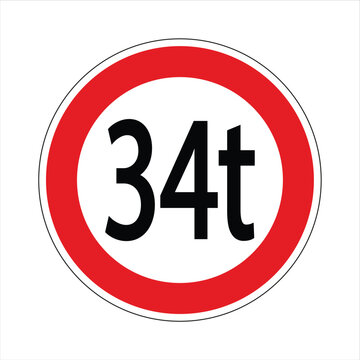 Regulatory road sign indicating a weight restriction, prohibiting vehicles exceeding 34 tons