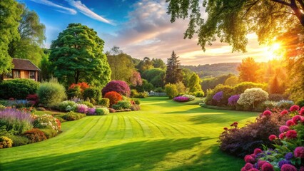 Naklejka premium Wide-angle view of a lush, expansive lawn bathed in summer sunlight; nature's vibrant canvas.