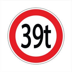 Regulatory road sign indicating a weight restriction for vehicles exceeding 39 tons, promoting road safety and infrastructure preservation