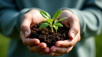 Close-up of hands holding a small plant seedling with soil, symbolizing growth and new beginnings