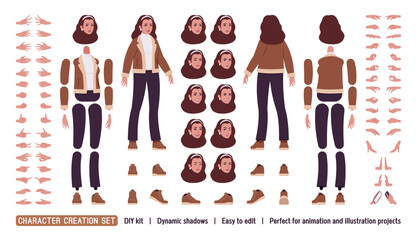 Woman wearing shearling coat jacket DIY character creation set. Winter, autumn lady, bundle, female model body figure parts. Head, leg, hand gestures, emotions, construction kit. Vector illustration