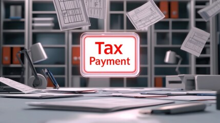 A workspace scene featuring a floating "Tax Payment" sign surrounded by flying papers, symbolizing financial management and tax responsibilities.
