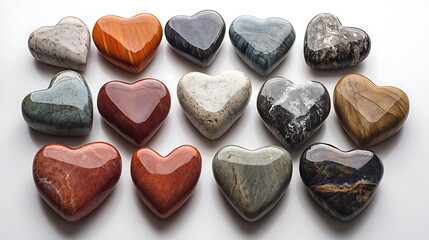 A collection of heart-shaped stones arranged on a white surface, isolated on white background in HD