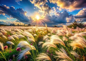 Windswept feathergrass creates a surreal summer meadow scene; perfect photography background.