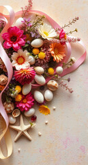 photo frame dried flowers Pastel ribbons Easter wallpaper background topview Generative AI