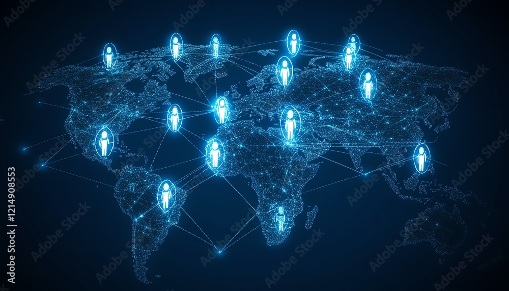 Poster digital user icons connected by lines on a dotted world map globe, representing personal data and gl
