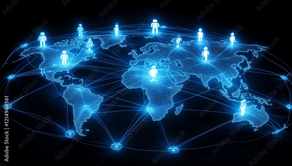 Poster digital user icons connected by lines on a dotted world map globe, representing personal data and gl