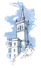 Obraz premium Painted landscape with a building in the foreground. Freehand drawing sketch