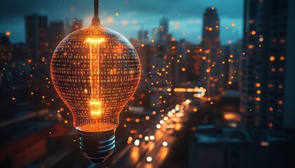 Futuristic lightbulb concept overlaying a city skyline at night with glowing binary code and light drops, representing technology, innovation, and data flow