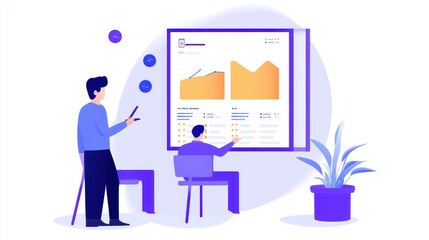 Fototapeta premium Corporate Presentation, Professional Trends Analysis, Digital Dashboards, Engaged Team Discussion, Business Insights, Modern Workspace