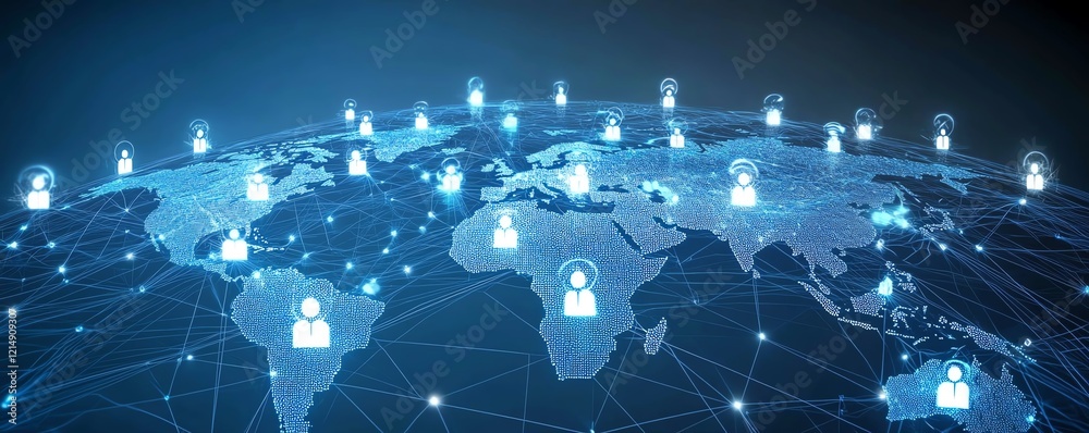 Poster global personal data connection with user icons linked by lines on a dotted world map globe, 3d rend