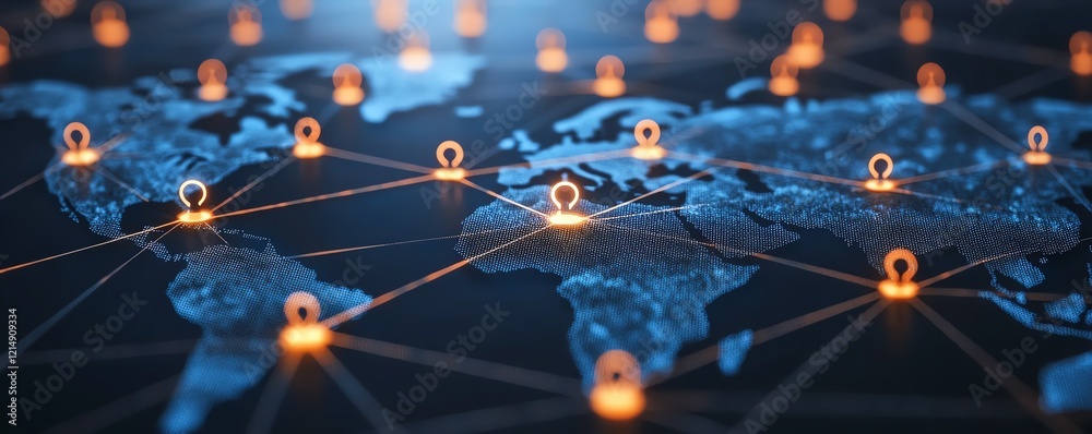 Poster global personal data connection with user icons linked by lines on a dotted world map globe, 3d rend