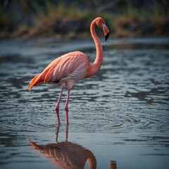 "A flamingo stretching its wings while standing on one leg in shallow water, soft blurred reflection."