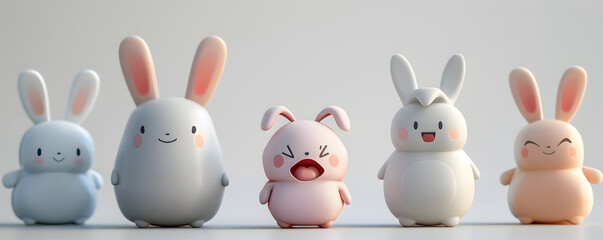 3d rendering of five adorable cartoon rabbits displaying various emotions against a white backdrop