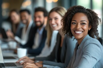 Diverse Professionals Collaborating, Smiling During Virtual Meeting, Engaging on Laptops, Teamwork in Digital Environment