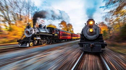 Two Vintage Steam Locomotives Speed Through Autumn Forest