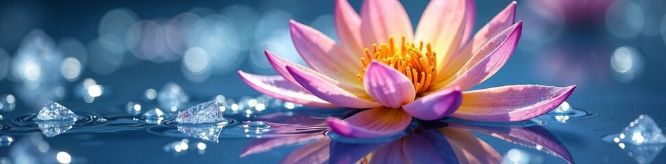 Obraz premium A beautiful pink lotus flower floating gracefully on calm blue water.