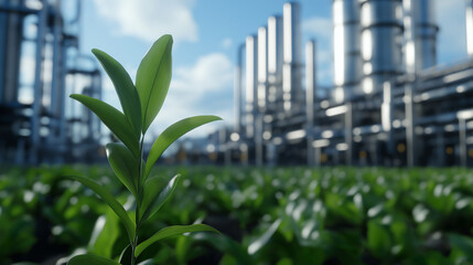 Obraz premium A detailed shot of a green plant juxtaposed against the harsh, metallic environment of an oil and gas production facility with towering gas pipelines