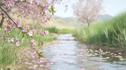Serene Spring Scene: Delicate Pink Blossoms Along Slow Stream with Orchard Trees in Background | Ultra-Detailed Cinematic Image