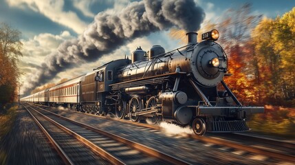 Naklejka premium Two Vintage Steam Locomotives Speed Through Autumn Forest