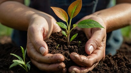 Fototapeta premium Hands holding a young plant in soil symbolizing growth and the start of life