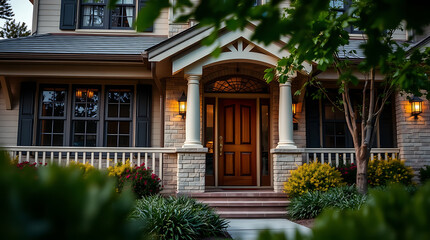 Fototapeta premium Captivating Evening View of a Luxurious Brick House, showcasing its elegant architecture, landscaping, and inviting entrance. A perfect blend of style and comfort.