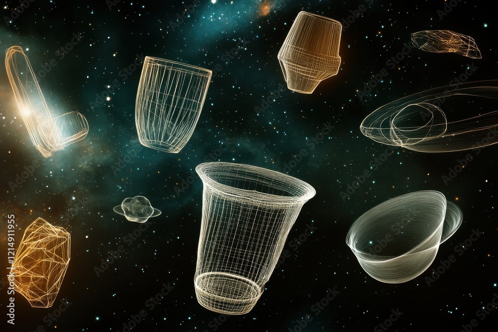 Poster exploration of wireframe objects floating in a cosmic space environment