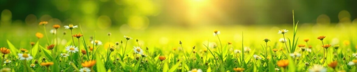 Sun-drenched meadow, vibrant green grass, wildflowers, pretty, fresh, summer