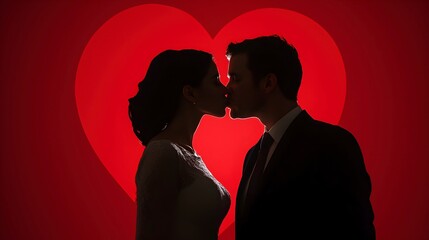Romantic Silhouette of Couple Against Heart Background