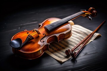 Fototapeta premium Elevated Violin, Bow, Sheet Music on Black Background - Candid Stock Photo