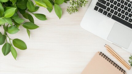 Eco-Friendly Office Supplies Flat Lay, Bamboo Pens, Recycled Notebooks, Laptop, Light Wood Table, Fresh Greenery Nearby